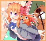  1boy 1girl antenna_hair black_eyes black_hair bow brown_hair brush crossover gekkan_shoujo_nozaki-kun hair_bow hair_ribbon highres holding long_hair looking_at_viewer nozaki_umetarou paras pleated_skirt pokemon polka_dot ribbon sakura_chiyo school_uniform skirt tanuki violet_eyes wakagi_repa 