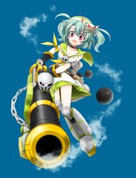  breasts calin cannonball chain commentary_request cosmic_break dress green_hair handcannon highres jolly_roger looking_at_viewer official_art open_mouth pirate_costume sailor_collar short_hair skull small_breasts smile violet_eyes white_dress 