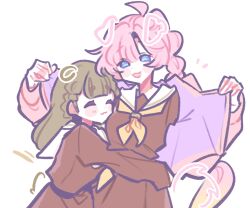  2girls :3 :d animal_ears anyoji_hime blonde_hair blue_eyes blush_stickers brown_dress brown_hair center-flap_bangs closed_mouth commentary cowboy_shot dog_ears dog_tail drawn_ears drawn_tail dress english_commentary gradient_hair hamster_ears hasu_no_sora_school_uniform highres hug iirin jacket kachimachi_kosuzu long_hair long_sleeves love_live! love_live!_hasu_no_sora_jogakuin_school_idol_club multi-tied_hair multicolored_hair multiple_girls neckerchief open_clothes open_jacket open_mouth pink_hair pink_jacket ponytail purple_jacket sailor_collar sailor_dress school_uniform simple_background smile tail two-sided_fabric two-sided_jacket virtual_youtuber white_background white_sailor_collar winter_uniform yellow_neckerchief 