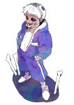  0wa0 1boy bandages bone dark_skin hands_in_pockets heterochromia hood hoodie jacket looking_at_viewer male_focus open_clothes open_jacket personification sans smile solo undertale white_hair 