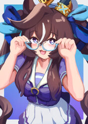  1girl :3 absurdres adjusting_eyewear ago_(owenanaken) animal_ears beret blue-framed_eyewear blue_eyes blue_ribbon blush bow bowtie breasts brown_hair ear_covers glasses hair_between_eyes hat highres horse_ears horse_girl horse_tail long_hair looking_at_viewer mole mole_under_eye multicolored_hair open_mouth pleated_skirt puffy_short_sleeves puffy_sleeves purple_bow purple_bowtie purple_shirt ribbon sailor_collar sailor_shirt school_uniform semi-rimless_eyewear shirt short_sleeves single_ear_cover skirt smile solo streaked_hair tail tracen_school_uniform twintails umamusume under-rim_eyewear vivlos_(umamusume) white_sailor_collar white_skirt 