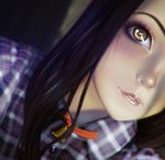  1girl biting black_hair brown_eyes eye_reflection face highres lip_biting lips long_hair looking_at_viewer nose reflection solo xxnikichenxx 