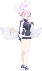  1girl angel_wings black_scrunchie blue_archive breasts closed_mouth double_bun feathered_wings flower full_body game_asset gradient_halo gym_shorts gym_uniform hair_bun hair_flower hair_ornament hair_scrunchie halo hand_up highres jacket large_breasts long_hair long_sleeves looking_at_viewer low_wings mika_(blue_archive) mika_(track)_(blue_archive) multicolored_halo no_socks official_art pink_hair pink_halo scrunchie shoes short_shorts shorts simple_background smile solo standing tachi-e third-party_source track_jacket transparent_background trinity_general_school_sportswear trinity_general_school_swimsuit white_scrunchie white_wings wing_ornament wings yellow_eyes 