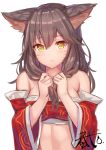  1girl adjusting_hair ahri animal_ears bandeau bare_shoulders blush breasts brown_hair cleavage detached_sleeves fang fox_ears haru_ato highres large_breasts league_of_legends long_hair looking_at_viewer slit_pupils solo upper_body whisker_markings wide_sleeves yellow_eyes 