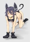  1girl all_fours bell blush bra breasts cat_cutout cat_keyhole_bra cat_lingerie cat_paws cat_tail cleavage cleavage_cutout eyepatch gloves headgear highres jingle_bell kantai_collection looking_at_viewer nagisan panties paws purple_hair short_hair side-tie_panties solo tail tenryuu_(kantai_collection) underwear underwear_only yellow_eyes 