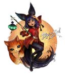  1girl animal_ears arm_up blade_&amp;_soul blue_eyes cat cat_ears coat copyright_name highres lantern leather leather_pants lyn_(blade_&amp;_soul) open_mouth pants paws purple_hair short_hair smile standing_on_one_leg tail v wolf_ears 