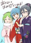  3girls :d ^_^ black_hair blue_hair closed_eyes commentary_request facebook flower frown green_hair hair_bun hair_flower hair_ornament hair_up hand_to_own_mouth hatsumoude japanese_clothes kimono line_(naver) multiple_girls obi omikuji open_mouth personification red_eyes sash signature smile sweatdrop translated tsukigi twitter twitter_username wide_sleeves yellow_eyes 