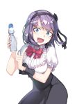  1girl blue_eyes blush bottle commentary_request dagashi_kashi flower frills hair_flower hair_ornament hair_ribbon hairband high-waist_skirt looking_at_viewer nail_polish newey open_mouth purple_hair ramune ribbon ringed_eyes shidare_hotaru short_hair skirt smile solo 