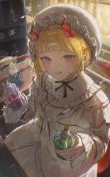  1girl absurdres black_ribbon blonde_hair bonnet commentary_request commission dragon_girl dragon_horns dragon_tail dress fangs highres holding_potion horns kouchanthree looking_at_viewer mole mole_under_mouth neck_ribbon original potion ribbon short_hair skeb_commission smile solo tail violet_eyes white_bonnet white_dress 