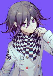  1boy absurdres arm_belt black_hair buttons checkered_bandana checkered_clothes checkered_scarf closed_mouth coat colored_tips cyacyacyacyaki danganronpa_(series) danganronpa_v3:_killing_harmony flipped_hair hair_between_eyes hand_up highres long_sleeves looking_at_viewer male_focus multicolored_buttons multicolored_hair oma_kokichi purple_background purple_hair ringed_eyes scarf short_hair simple_background smile solo two-tone_scarf upper_body violet_eyes 