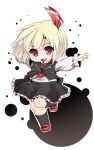  1girl :d black_legwear black_skirt blonde_hair chain chibi dnk fang full_body hair_ribbon highres kneehighs koumajou_densetsu koumajou_densetsu_1 long_sleeves mary_janes necktie no_nose open_mouth outstretched_arms puffy_long_sleeves puffy_sleeves red_eyes red_ribbon red_shoes ribbon rumia shoes short_hair skirt skirt_set smile solo spread_arms standing_on_one_leg touhou vest 