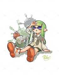  1girl :o @_@ clr0wn collared_shirt commentary_request dolphin_shorts green_hair holding holding_spoon inkling inkling_girl inkling_player_character long_hair long_sleeves open_mouth orange_shoes pointy_ears shirt shoes shorts simple_background sitting smallfry_(splatoon) solo splatoon_(series) splatoon_3 spoon tentacle_hair violet_eyes white_background 