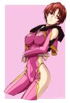  1girl arm_cutout bodysuit breasts crossed_arms ikoma_yumi large_breasts leg_cutout looking_away machi_fuka pilot_suit pink_background red_eyes redhead shiny shiny_clothes shiny_hair short_hair side_cutout signature skin_tight solo soukyuu_no_fafner 
