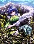  1girl :&lt; air_bubble animal bangs blue_eyes blue_hair caustics closed_mouth drill_hair fish frills head_fins highres hijiwryyyyy japanese_clothes kimono long_sleeves mermaid monster_girl obi plant sash scales seaweed solo touhou underwater wakasagihime wide_sleeves 