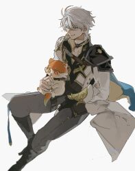  1boy absurdres animal animal_ears animal_nose antenna_hair armor belt black_boots black_choker black_gloves black_shirt blue_cape blue_eyes boots bright_pupils brown_belt cape chest_belt chimera_(honkai:_star_rail) choker claws coat commentary creature fingerless_gloves fingernails full_body ggtnnk gloves grey_pants hair_between_eyes highres holding holding_animal honkai:_star_rail honkai_(series) licking long_sleeves looking_at_animal looking_down male_focus neck_tattoo orange_eyes orange_fur otter_ears pants phainon_(honkai:_star_rail) shirt short_hair shoulder_armor single_glove sitting smile solo sun_symbol sun_tattoo tail tattoo teeth thigh_strap tongue two-sided_cape two-sided_fabric two-tone_fur untranslatable_commentary white_coat white_fur white_hair white_pupils yellow_cape yellow_pupils 