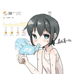  1girl akts625 androgynous aqua_eyes bare_shoulders black_hair blush blush_stickers breasts bright_pupils chart close-up collarbone commentary eating fanning_self food food_in_mouth from_side hair_between_eyes hand_fan highres holding holding_fan hot kino_(kino_no_tabi) kino_no_tabi korean_text looking_at_viewer looking_to_the_side mouth_hold pale_skin paper_fan popsicle popsicle_in_mouth raised_eyebrows romaji_commentary short_hair simple_background small_breasts solo sweat tank_top temperature tomboy translated upper_body very_short_hair very_sweaty weather_forecast white_background white_pupils white_tank_top 