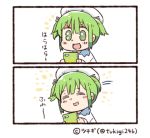  0_0 1girl 2koma :d =_= ^_^ artist_name cellphone closed_eyes comic commentary_request green_eyes green_hair hat line_(naver) lowres open_mouth personification phone sailor_hat short_twintails sidelocks smartphone smile translation_request tsukigi twintails twitter_username 
