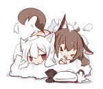  &gt;_&lt; 2girls :d ahoge animal_ears ass brown_eyes brown_hair chibi closed_eyes commentary_request imaizumi_kagerou inubashiri_momiji long_hair multiple_girls nuu_(nu-nyu) open_mouth short_hair smile snow tail touhou white_hair wolf_ears wolf_tail xd 