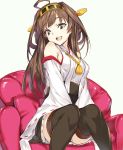  1girl ahoge bare_shoulders boots brown_hair detached_sleeves double_bun grey_eyes hairband headgear japanese_clothes kantai_collection kawata_hisashi kongou_(kantai_collection) long_hair nontraditional_miko open_mouth ribbon-trimmed_sleeves ribbon_trim sitting skirt smile solo thigh-highs thigh_boots 