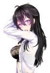  1girl ahoge antenna_hair beifeng_han black_bra black_hair blouse bra breasts comb combing from_side hair_between_eyes large_breasts long_hair looking_at_viewer miyaura_sanshio mouth_hold open_blouse open_clothes original revision solo underwear violet_eyes wavy_hair white_blouse 