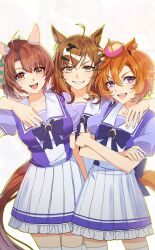  3girls absurdres ahoge animal_ears arm_around_shoulder blush bow bowtie breasts brown_eyes brown_hair checkered_ribbon collarbone crown dantsu_flame_(umamusume) ear_covers ear_ribbon grin hair_between_eyes hair_ornament hairband hairclip highres horse_ears horse_girl horse_tail jewelry jungle_pocket_(umamusume) large_breasts looking_at_viewer medium_breasts medium_hair mini_crown multicolored_hair multiple_girls notched_ear open_mouth orange_hair orange_tail pink_crown pink_hairband pleated_skirt puffy_short_sleeves puffy_sleeves purple_bow purple_bowtie purple_shirt sailor_collar sailor_shirt school_uniform shirt short_hair short_sleeves skirt small_breasts smile t.m._opera_o_(umamusume) tail teeth thigh-highs toryo_(yukhop_961) tracen_school_uniform umamusume violet_eyes white_hair white_sailor_collar white_skirt white_thighhighs yellow_eyes 