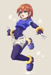  1girl :d aile bodysuit brown_hair covered_navel cropped_jacket green_eyes open_mouth rockman rockman_zx sakuraba_(kirsche_x) short_hair shorts smile 