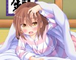  1girl blush brown_eyes brown_hair commentary_request fang futon hair_between_eyes hair_ornament hairclip hand_on_own_head ikazuchi_(kantai_collection) jewelry kantai_collection lifting_covers looking_at_viewer lying open_mouth pajamas ring short_hair tatami tsunsuki_(naobe009) 