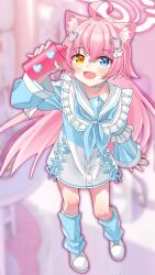  1girl :d ahoge alternate_costume animal_ear_fluff animal_ears arm_at_side blue_archive blue_dress blue_eyes blue_neckerchief blue_socks blurry blurry_background blush bottle cat_ears cat_girl choker commentary_request dress floating_hair frilled_dress frills full_body hair_between_eyes hair_ornament halo hand_up heart heart_hair_ornament heart_print hetero heterochromia highres holding holding_bottle hoshino_(blue_archive) indoors kemonomimi_mode long_hair long_sleeves loose_socks neckerchief nori6272210 open_mouth outline pink_hair pink_halo red_outline sailor_collar shoes short_dress sidelocks smile sneakers socks solo standing star_(symbol) two-tone_dress very_long_hair white_choker white_dress white_sailor_collar white_shoes wide_sleeves wing_hair_ornament yellow_eyes 