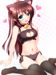  1girl animal_ears bell black_legwear blush bra breasts brown_hair cat_cutout cat_ears cat_keyhole_bra cat_lingerie choker cleavage cleavage_cutout green_eyes jingle_bell long_hair looking_at_viewer navel open_mouth panties side-tie_panties sitting smile solo tamasaka_makoto thigh-highs tokyo_7th_sisters underwear underwear_only very_long_hair wariza 