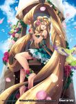  1girl anklet armband bare_shoulders barefoot bird blonde_hair dress flower force_of_will fukuzou green_eyes hair_flower hair_ornament jewelry long_hair petals smile soles solo toes tower very_long_hair 