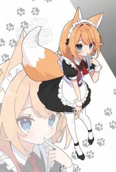  1girl adversarial_noise animal_ears apron arm_at_side black_dress black_shoes blue_eyes collared_dress commentary_request dress finger_to_mouth fluffy_tail fox_girl frilled_apron frills from_above full_body hand_up highres index_finger_raised long_hair maid maid_apron maid_headdress necktie neruk0hasodatu orange_hair orange_tail original pantyhose parted_bangs paw_print red_necktie shoes short_necktie short_sleeves solo standing straight_hair watermark white_apron white_background white_pantyhose white_wrist_cuffs wrist_cuffs zoom_layer 