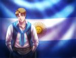  1boy ahoge argentina argentina_(hetalia) artist_name axis_powers_hetalia blonde_hair blue_eyes flag kuraudia solo 