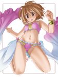  1girl armpits arms_up bikini bracelet brown_eyes brown_hair flat_chest groin hanami_yuzuka highres jewelry jumping legs mahou_shoujo_nante_mou_ii_desukara. navel open_mouth sandals short_hair showgirl_skirt solo swimsuit wind wind_lift 