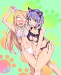  2girls animal_ears armpits arms_up bell black_bra black_panties blonde_hair blue_eyes blush bra breasts brown_eyes cat_cutout cat_ears cat_keyhole_bra cat_lingerie choker cleavage cleavage_cutout constricted_pupils dagashi_kashi earrings endou_saya_(dagashi_kashi) fang hair_ornament hairband hairclip highres hori_shin hug jewelry jingle_bell large_breasts long_hair looking_at_viewer multiple_girls nail_polish navel open_mouth panties purple_hair ringed_eyes sanpaku shidare_hotaru short_hair side-tie_panties smile underwear underwear_only white_bra white_panties 