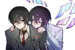  2boys black_coat black_eyes black_hair black_vest coat collared_shirt commentary crystal_wings detached_wings hagi0855 highres lab_coat light_blush limbus_company looking_at_another multiple_boys multiple_persona necktie pale_skin project_moon red_necktie sang_yi_(project_moon) shirt simple_background smile untranslatable_commentary upper_body vest white_background white_coat white_shirt wings yi_sang_(project_moon) 