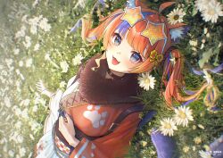  1girl :d ahoge animal_ear_fluff animal_ears aqua_eyes blush braid braided_base breasts brown_collar brown_sash cat_ears cat_girl collar commentary_request daisy_(flower) diamond-shaped_pupils diamond_(shape) eyewear_on_head fang flower fur-trimmed_kimono fur_trim grass hand_on_own_chest highres holding_pendant houkou_illust japanese_clothes jewelry kimono knot_hair_ornament lips long_sleeves looking_at_viewer lying medium_breasts multicolored_eyes multicolored_hair nail_polish nekoyashiki_miku nijisanji obi on_back on_ground open_mouth orange-tinted_eyewear orange_hair orange_kimono outdoors paw_in_eye paw_print pendant purple_hair purple_nails sash smile solo star-shaped_eyewear star_(symbol) streaked_hair symbol-shaped_pupils tinted_eyewear twintails twintails_with_braided_base two-tone_eyes two-tone_hair upper_body violet_eyes virtual_youtuber watermark white-framed_eyewear white_flower white_kimono 
