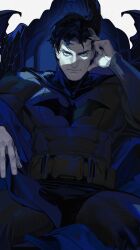  1boy batman batman_(series) batman_symbol belt black_hair blue_eyes bodysuit bruce_wayne dc_comics grey_bodysuit highres male_focus multicolored_bodysuit multicolored_suit on_throne solo superhero_costume taut_bodysuit taut_clothes throne two-tone_bodysuit two-tone_suit utility_belt white-corner 