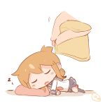  1girl artist_name blush_stickers brown_hair chibi closed_eyes commentary_request covering_with_blanket folded_ponytail hanomido inazuma_(kantai_collection) kantai_collection lying minigirl neckerchief on_side open_mouth pillow school_uniform serafuku skirt sleeping solo_focus zzz 