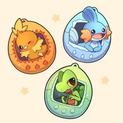  absurdres beak bird closed_mouth colored_sclera fins head_fins highres holding holding_stick mudkip no_humans one_eye_closed open_mouth pokemon pokemon_(creature) sevi_(seviyummy) smile starter_pokemon_trio stick tamagotchi treecko yellow_sclera 