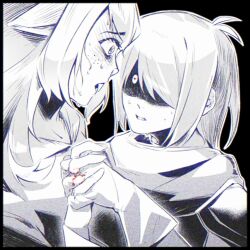  1girl 1other bo_u_1 commentary deltarune hair_over_one_eye heart heart-shaped_pupils highres holding_hands jewelry kris_(dark_world)_(deltarune) kris_(deltarune) long_hair noelle_holiday noelle_holiday_(dark_world) ring spot_color sweat symbol-shaped_pupils thorn_ring_(deltarune) utdr_(toby_fox) weird_route_(deltarune) 