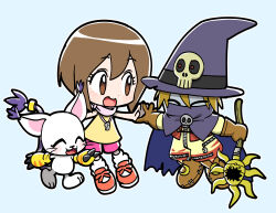  1boy 1girl ^_^ blue_background blush brown_eyes brown_gloves brown_hair cape chibi closed_eyes colored_skin commentary digimon digimon_(creature) digimon_adventure dot_nose english_commentary gloves grey_skin hat high_five highres holding holding_staff looking_at_another open_mouth outline paldu pink_scarf pink_shorts purple_cape purple_hat red_shoes scarf shirt shoes shorts simple_background skull sleeveless sleeveless_shirt smile staff tailmon whistle whistle_around_neck witch_hat wizarmon yagami_hikari yellow_shirt zipper 