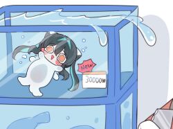  1girl :3 aqua_hair aquarium black_hair bun_cover chibi colored_inner_hair commentary_request cone_hair_bun crying crying_with_eyes_open doro_(nikke) double-parted_bangs double_bun flailing goddess_of_victory:_nikke hair_bun hair_intakes highres korean_commentary little_mermaid_(nikke) merfolk mermaid mming_(mmingis18) monster_girl multicolored_hair open_mouth price_tag sidelocks solo splashing tears twintails 