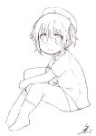  1girl absurdres bag commentary_request hat highres line_(naver) looking_at_viewer messenger_bag monochrome no_shoes personification sailor_hat short_twintails shoulder_bag sidelocks signature sitting smile socks solo tsukigi twintails 