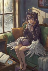  1girl absurdres alternate_costume animal_slippers badge bare_legs barefoot black_sweater blue_eyes blunt_bangs book bubba_(watson_amelia) button_badge commentary couch cup diamond_hairband drawing_(object) feathered_wings gawr_gura gawr_gura_(1st_costume) gradient_hair halo highres holding holding_cup hololive hololive_english holomyth indoors long_hair long_sleeves looking_at_viewer mole mole_under_eye mori_calliope mori_calliope_(1st_costume) mug multicolored_hair ninomae_ina'nis on_couch open_book orange_hair parted_lips pen pillow pointy_ears portrait_(object) purple_hair raitzink sidelocks sitting sketchbook slippers snow_on_tree solo sweater takanashi_kiara takanashi_kiara_(1st_costume) takodachi_(ninomae_ina'nis) tentacle_hair tentacles toes tree virtual_youtuber watson_amelia watson_amelia_(street_casual) white_wings window wings 