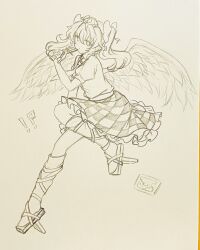  !? 1girl absurdres cellphone checkered_clothes checkered_skirt chinese_commentary commentary_request feathered_wings flip_phone frilled_skirt frills full_body geta hat highres himekaidou_hatate holding holding_phone kneehighs long_hair looking_at_viewer monochrome phone puffy_short_sleeves puffy_sleeves short_sleeves skirt socks solo tengu-geta tokin_hat touhou traditional_media twintails wings wu_yu_wanwan 