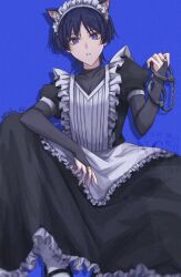  1boy alternate_costume animal_ears apron arm_on_thigh bishounen black_bodysuit black_bridal_gauntlets black_dress black_hair black_shoes black_sleeves blue_background blunt_ends bodysuit bridal_gauntlets bright_pupils cat_boy cat_ears choppy_bangs commentary_request constricted_pupils covered_collarbone crossdressing crossdressing_(mtf) cuffs dress drop_shadow enmaided eyeliner fingernails frilled_dress frills genshin_impact hand_up handcuffs highres holding holding_handcuffs juliet_sleeves long_dress long_sleeves looking_at_viewer maid maid_apron maid_headdress makeup male_focus male_maid mary_janes open_hand parted_lips puffy_sleeves red_eyeliner rinbo_7140 scaramouche_(genshin_impact) shoes short_sleeves socks solo tsurime turtleneck turtleneck_bodysuit twitter_username v-neck violet_eyes watermark white_apron white_headdress white_mouth white_pupils white_socks 