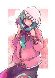  1girl alternate_costume black_bow black_dress bow closed_mouth commentary_request dress frilled_bow frills green_eyes green_hair hair_bow hood hood_up hoodie kagiyama_hina long_hair long_sleeves looking_at_viewer pink_hoodie rangycrow red_bow red_ribbon ribbon smile solo touhou wrist_ribbon 
