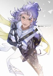  1boy aalto_(wuthering_waves) bodysuit chest_belt commentary crossed_arms curtained_hair floating_clothes highres looking_at_viewer male_focus mutton_(mutton0141) o-ring pants parted_lips ponytail pouch purple_hair scarf smile standing thigh_pouch watermark wuthering_waves yellow_eyes yellow_scarf 