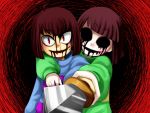  black_blood black_sclera blood blood_from_mouth bloody_tears brown_hair chara_(undertale) dark_persona dreamy-94 evil_smile eyebrows eyebrows_visible_through_hair frisk_(undertale) hug hug_from_behind knife no_pupils open_mouth red_eyes signature slit_pupils smile spoilers striped striped_sweater sweater tagme undertale upper_body 