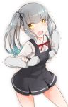  1girl blush comah commentary_request grabbing grabbing_from_behind grey_hair groping hair_ornament hair_ribbon kantai_collection kasumi_(kantai_collection) long_hair open_mouth pleated_skirt ribbon school_uniform side_ponytail skirt solo_focus suspenders tears yellow_eyes 